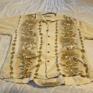 Tommy Bahama Tan and Cream Floral Button Down Shirt.